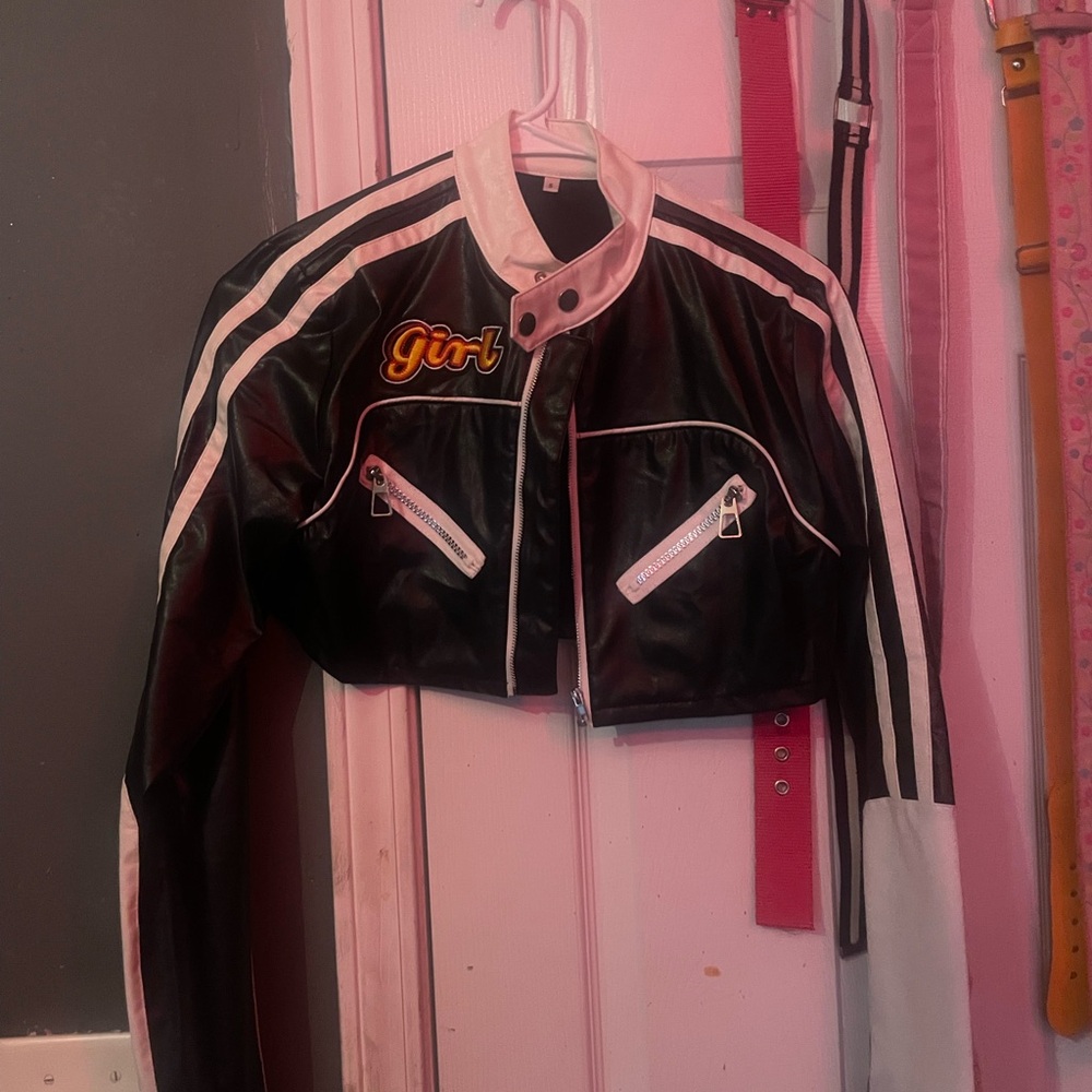 SHEIN Black and White Leather Jacket with Sporty Trim